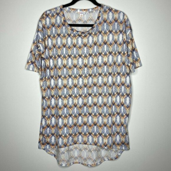 LulaRoe Women’s XS Short Sleeve HiLo Blue Orange Geometric Pattern Shirt - Picture 1 of 4